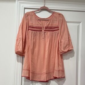 Free People Coral Blouse with Burgundy Details
